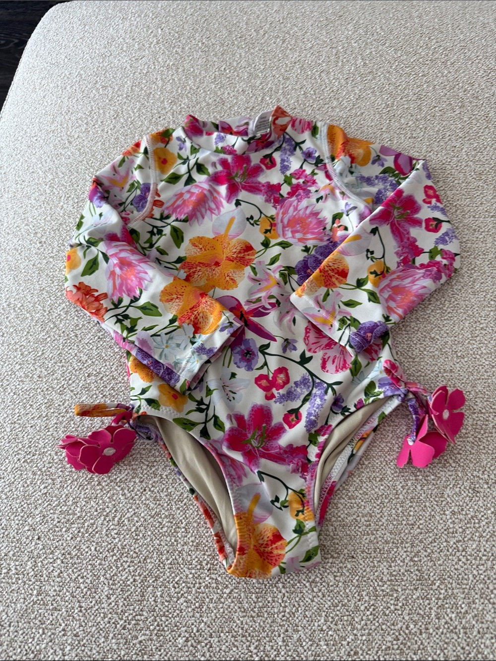 Floral Long-Sleeve Kids Rashguard Swimsuit - White with Pink & Yellow Flowers
